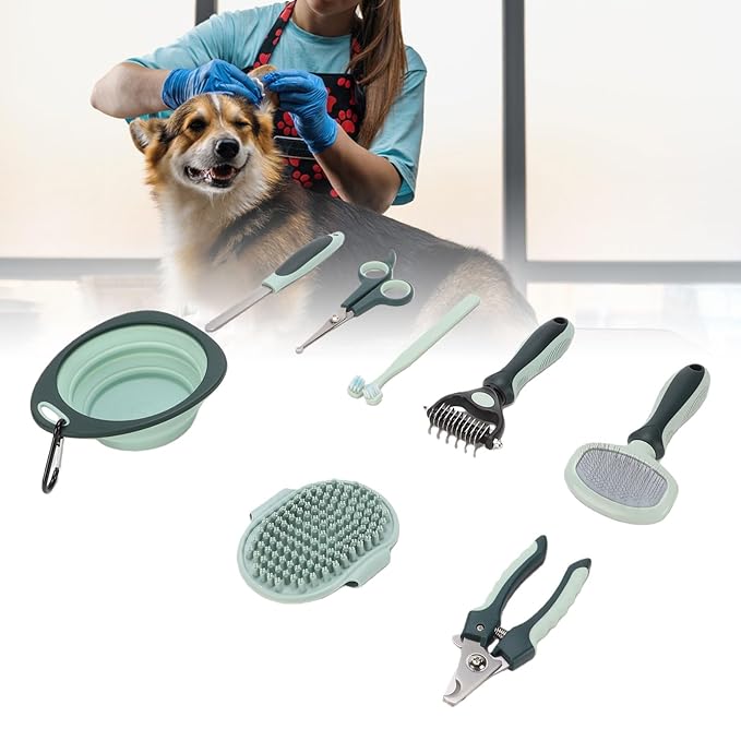 8 Pcs Dog Cat Grooming Kit, Professional Deshedding Bath Brush with Rake Nail Clippers Comb Toothbrush, Portable Storage Bag for Daily Pet Care and Shedding Control