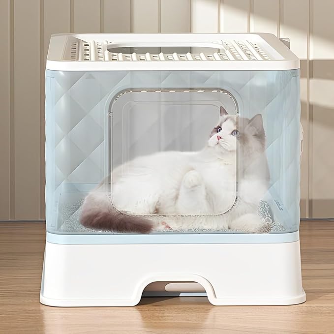 Gagee Foldable Cat Litter Box, Extra Large Front Entry Top Exit Box with Lid, Drawer Type Enclosed Kitty Scoop, Anti-Splashing Toilet Easy Cleaning,Blue