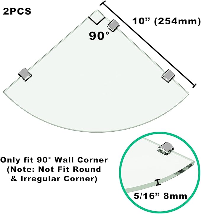 2-Pack Glass Shower Caddy, 10" Corner Glass Shower Shelf, 5/16"(8mm) Tempered Glass, Wall Mount Shower Organizer for Bathroom, Kitchen, Shower Room