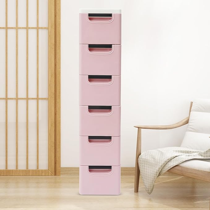 6 Drawers Storage Cart Rolling Storage Drawer Cart Narrow Plastic Dresser Rolling Organizer Cart Storage Unit on Wheels Bathroom Art Craft Supplies Mobile Slim Utility (Dark Pink)