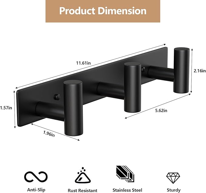 Wall Mounted Coat Rack-3 Hooks, Heavy Duty Stainless Steel Wall Hooks for Towel Coat Bag, Hat Rack Coat Hanger Coat Hooks Towel Racks for Bathroom Entryway Kitchen Hotel Office (Black, 1 Pack)