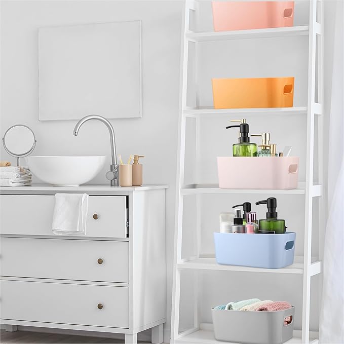 Leinuosen 21 Pack Plastic Storage Baskets Plastic Storage Bins Pantry Organizer Bins for Kitchen Freezer Cabinet Closet Bathroom Under Sink Laundry Room Bedrooms Countertops Shelve(Cute Colors)