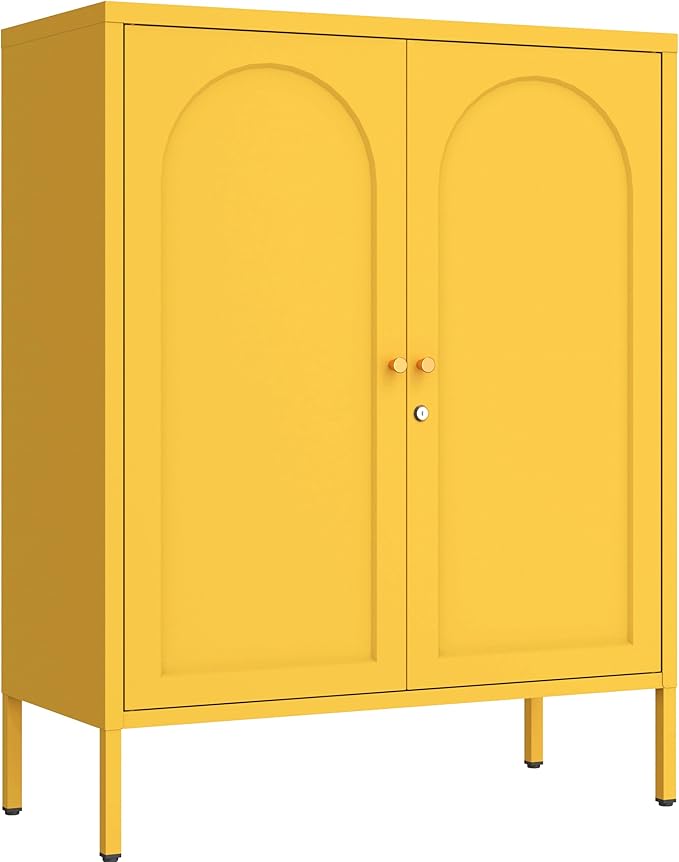 Metal Storage Cabinet with Lock, 2-Door Semi-Circular Steel Door, 2 Adjustable Shelves, Heavy Duty Secure Storage Unit for Home, Office, School, Yellow 36" H X 31.5" W X 13.8" D