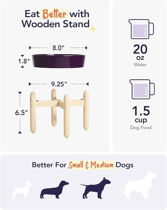 LE TAUCI Ceramic Slow Feed Raised Dog Bowls with Wooden Stand, Anti-Gulping Pet Feeding Dishes for Medium Dogs, Non-Slip, Easy to Clean, 8 Inch