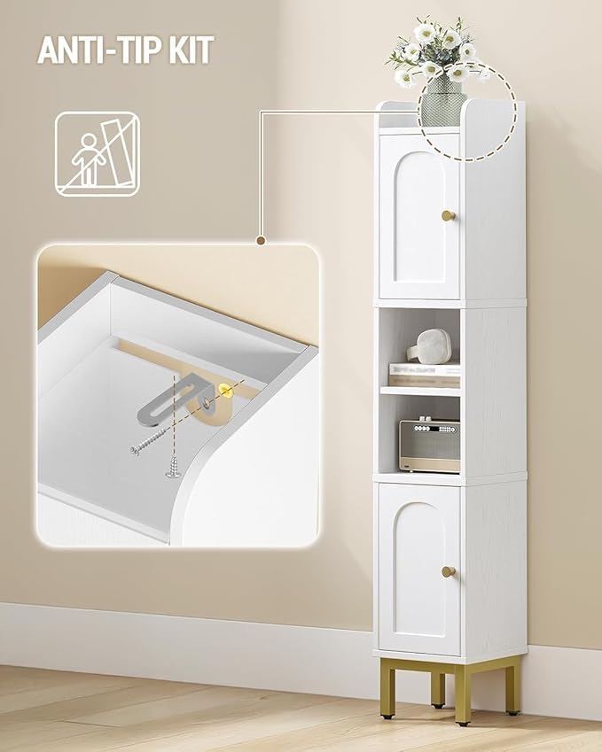 Slim Bathroom Storage Cabinet, Narrow Bathroom Organizers and Storage with 4 Adjustable Feet, Laundry Room Organization for Small Space, Kitchen, Living Room, 2 Doors White BC22413G