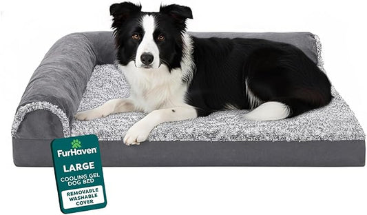 FurHaven Cooling Gel Dog Bed for Medium/Large Dogs, L-Shaped Chaise with Cool Gel-Top Foam & Solid Orthopedic Foam Base for Joint Support, Washable Cover, Large, Plush & Suede, Stone Gray