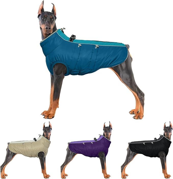 IDOMIK Warm Dog Coat with Harness, Waterproof Reflective Dog Jackets for Small Medium Large Dogs, Fleece High Collar Winter Jacket with Zipper, Pet Winter Snowsuit Clothes for Cold Weather,Blue 3XL