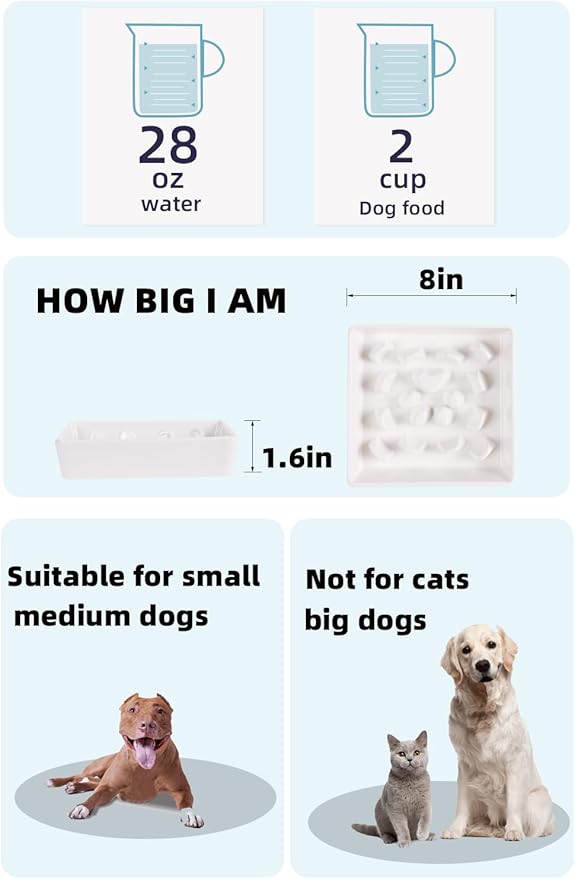 Square Slow Feeder Dog Bowls, Ceramic Fun Slow Eater Bowl for Small Medium Breed (White)