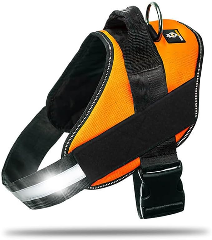 Non Pull Dog Harness with Patch Panels and Handle, Adjustable, Reflective, No Choke, Heavy Duty Easy On Service Dog Vest Harnesses for Medium Large Small Sized Dogs - Orange, XL