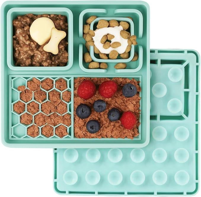 Cat & Dog Lick Mat with Suction Cups - 2-in-1 Silicone Lick Pad & Puzzle Feeder - Pet Food Mat for Anxiety Relief & Boredom - BPA-Free & Dishwasher Safe - Turquoise
