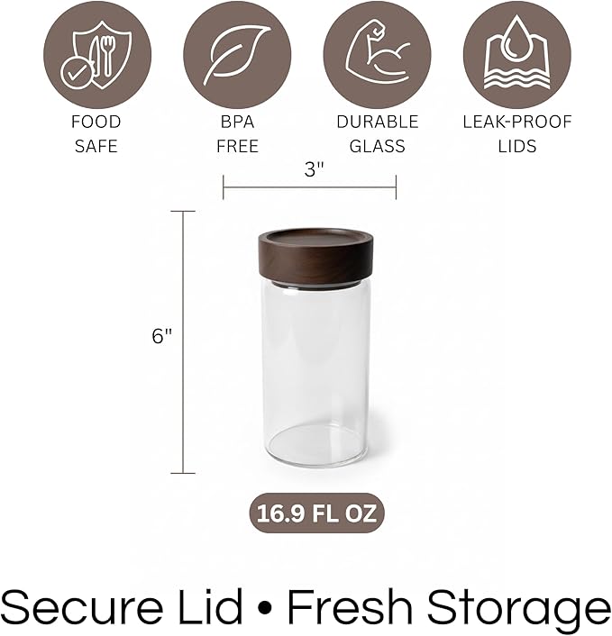 Wide Mouth Glass Storage Jars With 3" Acacia Wood Lids - 4 Pack of 16.9 Oz Airtight Food Storage Containers - Borosilicate Glass Canisters for Kitchen - Pantry Organizers Storage for Flour Rice Coffee