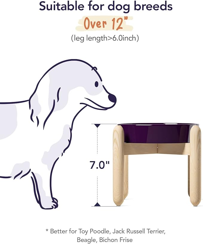 LE TAUCI Ceramic Slow Feed Raised Dog Bowls with Wooden Stand, Anti-Gulping Pet Feeding Dishes for Medium Dogs, Non-Slip, Easy to Clean, 8 Inch