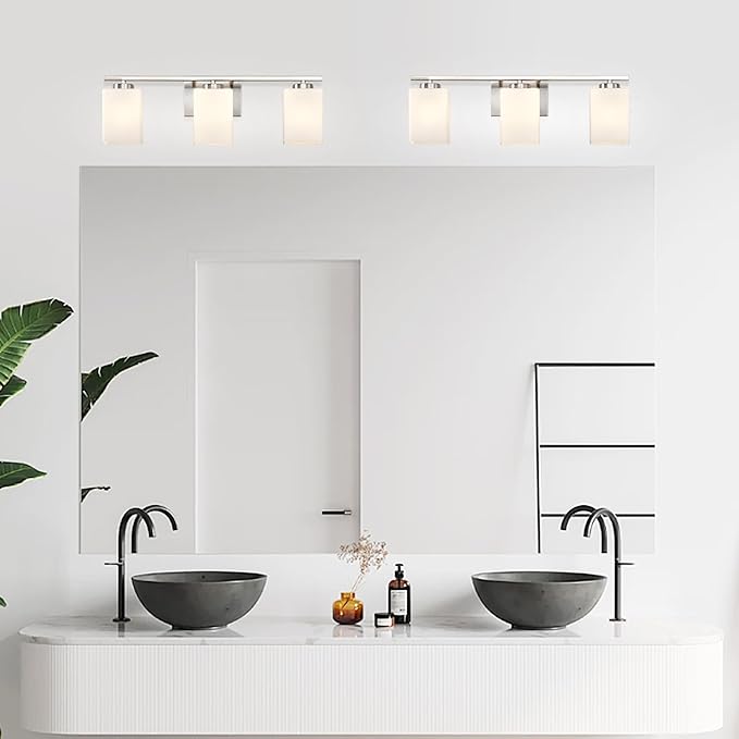 Edvivi Bathroom Light Fixtures, 3-Light Modern Brushed Nickel Vanity Light Over Mirror, Wall Sconces with Square White Glass Shades for Living Room, Bedroom, Hallway, E26 Base