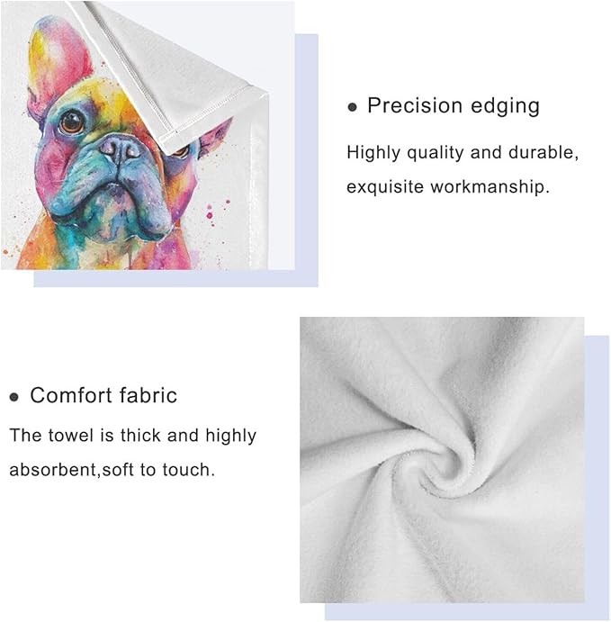 Pfrewn French Bulldog Puppy Towels Set of 3 Watercolor Dog Colorful Art Bathroom Towel Soft Absorbent Bath Hand Towels Washcloth Guest Towel Sets Bathroom Decorations