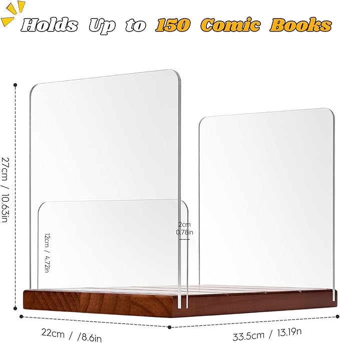 Comic Book Storage Holder，Wood Comic Book Case with three acrylic dividers，Acrylic Comics Book Box，Bin & Organizer，Stores Up To 150 Comics (Brown)