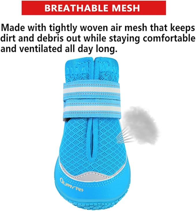 QUMY 4PCS Dog Boots for Large Dogs, Medium Dog Shoes & Paw Protectors for Hot Pavement, Summer Heat Protection, Mesh Breathable Nonslip Dog Booties for Hardfloors, Walking Running Hiking Blue Size 8