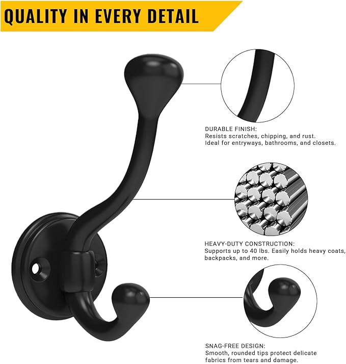 10 Pack Wall Hooks for Hanging, Heavy Duty Coat Hook Wall Mount, Easy to Install Metal Closet Hooks, Apply to Bathrooms, Bedrooms, Living Rooms, Entrances (Black)