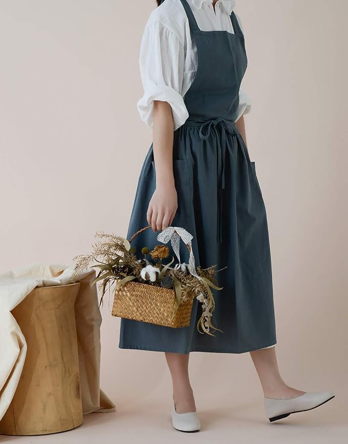 VLZUFE Women Cotton Linen Cross Back Apron for Gardening Works Pinafore Dress with Pockets Navy