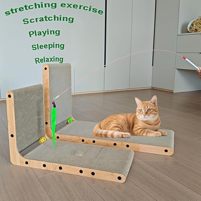 20" L-Shape Couch & Wall Cat Scratch Protector - Vertical Cat Scratcher and Scratching Post for Indoor Cats, Leans Against Furniture with Bell, Catnip & Toy Wand, High-Strength Cardboard
