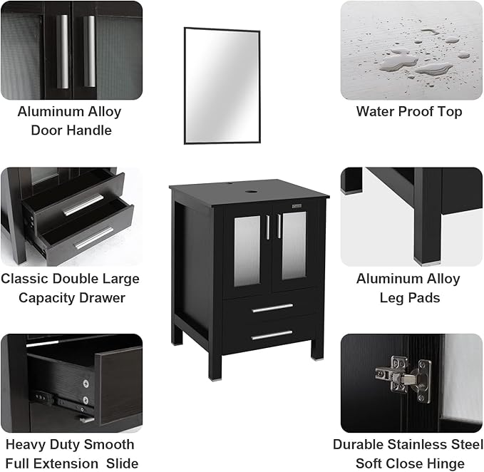 eclife 36" Modern Bathroom Vanity Sink Combo Freestanding Cabinet with Small Side Cabinet, White Boat Ceramic Vessel Sink, Water Save Faucet, Drain (Black+T44)