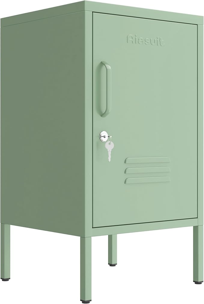 Single Door Lockable Metal End Table, 2-Tier Storage Cabinet with Adjustable Shelf, Easy Assembly Side Table for Living Room Bedroom Home Office, Green 28" H x 13.8" W x 15" D