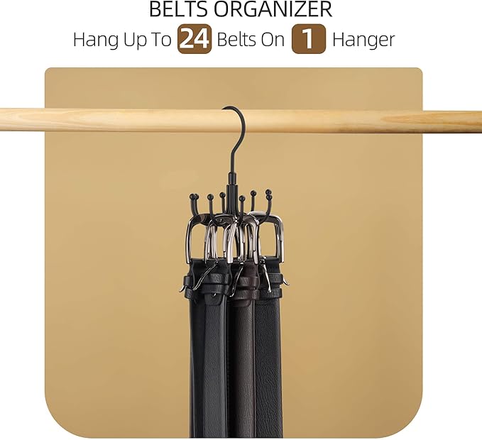 ZEDODIER Belt Organizer for Closet, Heavy-Duty Rotating Belt Hanger Rack Holds up to 24 Belts, Hanging Space Saving Metal Belt Holder for Closet Storage, Black