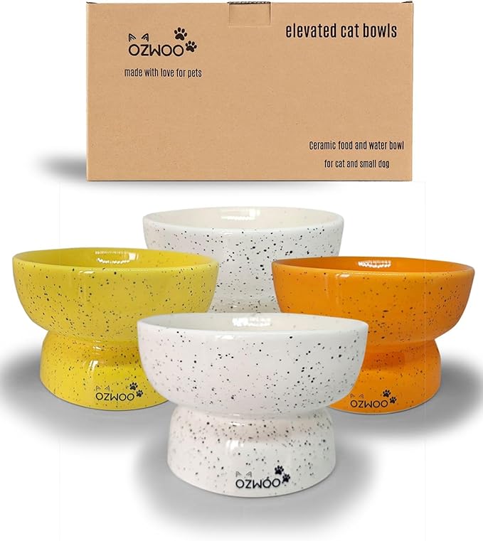 Ceramic Cat Bowls - Elevated cat Bowl, Anti-Vomiting, Whisker Friendly Raised Cat Bowl, Easy to Clean, Non-Slip, Suitable for Small Dogs - Pack of 2 (White-Beige, Orange-Yellow) (Yellow-Orange)