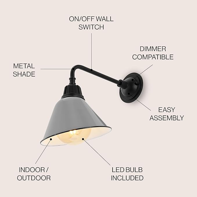 JONATHAN Y JYL7612D Croydon 9.63" 1-Light Farmhouse Industrial Indoor/Outdoor Iron LED Gooseneck Arm Outdoor Sconce Metal Bell Shade Vintage Cottage Rustic Porch Patio Yard Barn, Gray