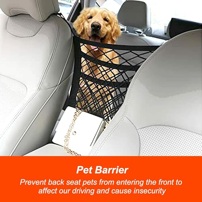 Luckybay Dog Car Barrier, 3-Layer Mesh Net Installed Between Front Seats to Keep Pets in The Back Seat, Universal Fit for Cars & SUVs, Easy to Install, Extra Storage Net Pocket