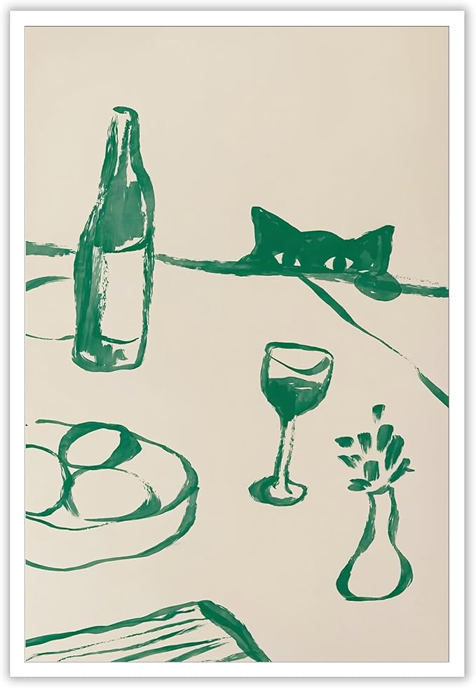 Sneaky Cat Wine Wall Art Funny Kitchen Animal Poster Whimsical Pet Wall Decor Abstract Scandi Dinner Sketch Prints Painting For Living Room Dining Room Wall Decor 16x24in Unframed