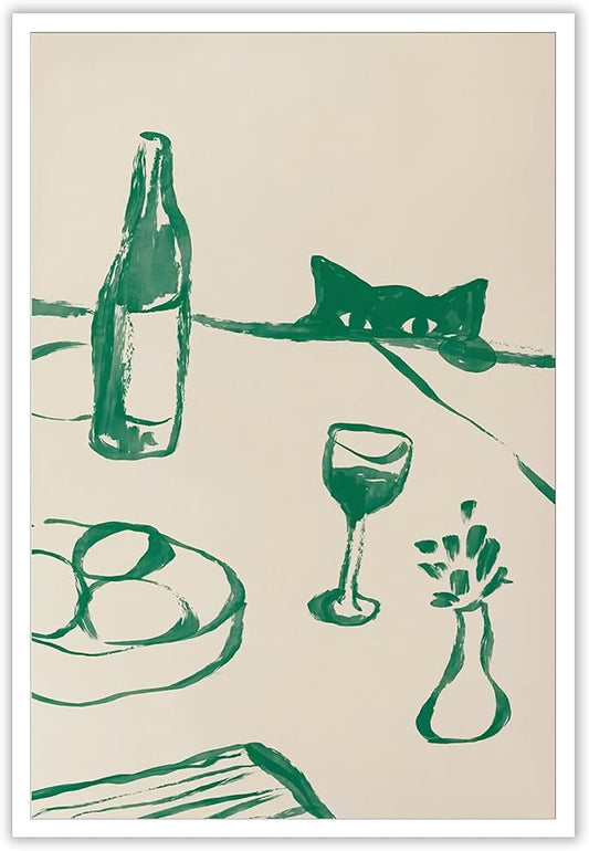 Sneaky Cat Wine Wall Art Funny Kitchen Animal Poster Whimsical Pet Wall Decor Abstract Scandi Dinner Sketch Prints Painting For Living Room Dining Room Wall Decor 12x16in Unframed