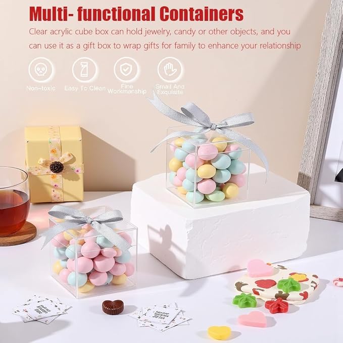 Clear Acrylic Boxes 2x2x2 Inch，Small acrylic gift box with Lid, Clear Square Cube Acrylic Candy Storage for Candy,Gift,Stackable Cube Container, Transparent Box Favor Boxes for Display