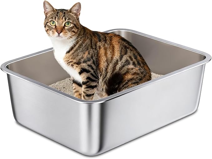 Medium Stainless Steel Cat Litter Box, Open Top Easy Clean Metal Litter Pan — Durable Metal Litter Box with High Sided Walls, No Odor, Non Stick for Indoor, Multi-Cat Homes, Rabbits & Small Pets