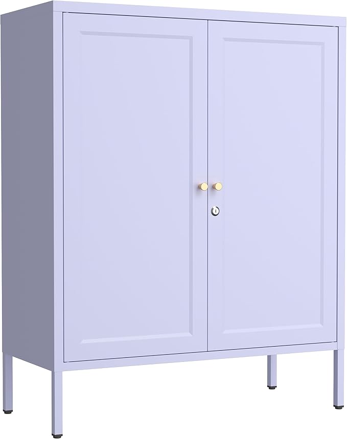 2-Door Lockable Metal Storage Cabinet, Square Stamped Steel Door with 2 Adjustable Shelves, Multifunctional Organizer for Home Office School, Purple 36" H X 31.5" W X 13.8" D