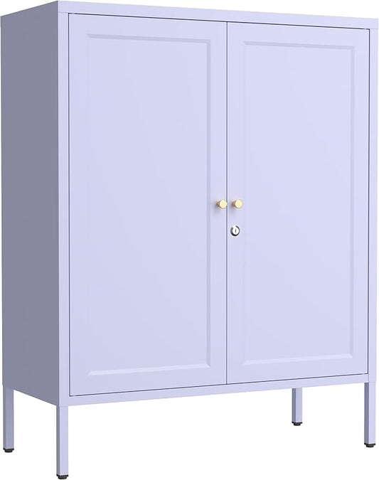 2-Door Lockable Metal Storage Cabinet, Square Stamped Steel Door with 2 Adjustable Shelves, Multifunctional Organizer for Home Office School, Purple 36" H X 31.5" W X 13.8" D