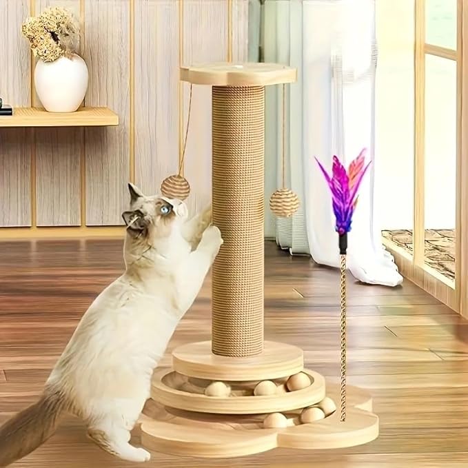 Cat Scratching Post 16'' Tall Cat Scratching Posts for Indoor Cats Adults with Hanging Ball and Interactive Wooden Ball Sisal Rope Cats Scratch Post