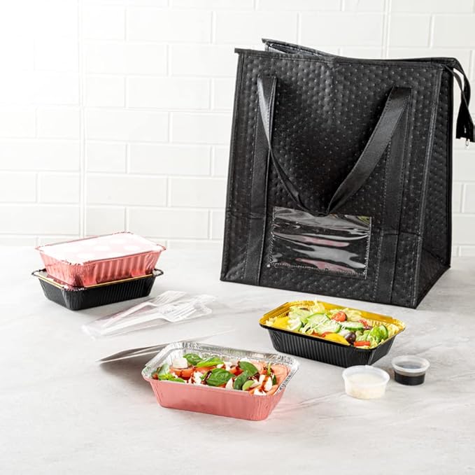 Restaurantware-16 Ounce Disposable Takeout Containers, 50 Rectangle Food Containers - With Polka Dot Lids, Pink Takeaway Containers, Aluminum Delivery Containers, Freezable
