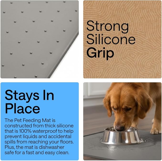 GORILLA GRIP 100% Waterproof Raised Edge BPA Free Silicone Pet Feeding Mat, Dog Cat Food Mats Contain Spills Protects Floors, Placemats for Cats and Dogs Water Bowl, Pets Accessories 32x24 Gray