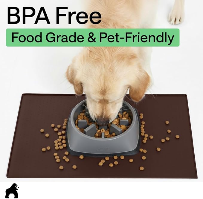 GORILLA GRIP 100% Waterproof Raised Edge BPA Free Silicone Pet Feeding Mat, Dog Cat Food Mats Contain Spills Protects Floors, Placemats for Cats and Dogs Water Bowl, Pets Accessories 18.5x11.5 Brown