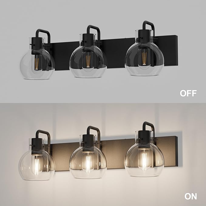 Tipace Industrial Bathroom Vanity Lighting Fixtures 3-Lights Farmhouse Matte Black Finish with Globe Clear Glass Vanity Lights Vintage Bath Lighting(Exclude Bulb)