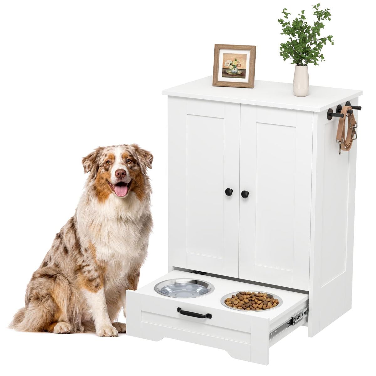 Dog Feeding Station with Storage Cabinet, White Wood Dog - Image 1