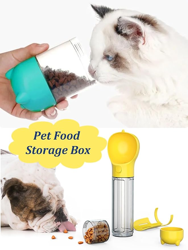 16.9oz Portable Pet Water Bottle Food Container,Travel Drink Feeder Cup Food Dispenser with Poop Shovel 17Pcs Waste Bag,for Dog Pets Walking Hiking (Yellow, 10.1oz(300ml))