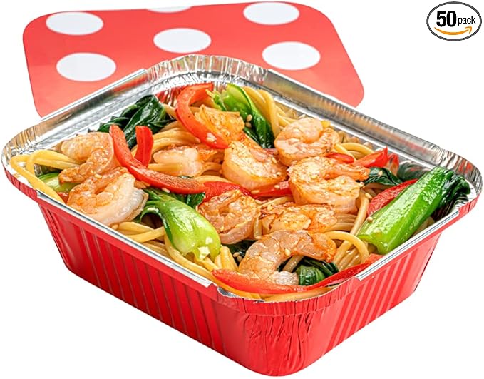 Restaurantware 12 Ounce Disposable Takeout Containers 50 Rectangle Food Containers - With Polka Dot Lids Red Takeaway Containers Aluminum Delivery Containers Freezable