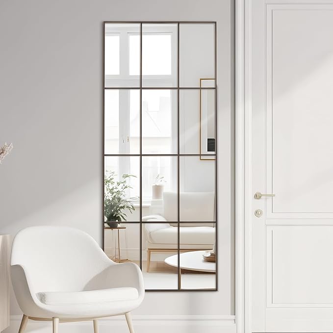 Windowpane Mirrors Full Length 65"x24" Wall Mounted Bronze Art Pane Mirror Farmhouse Decorative Floor Mirrors Leaning Hanging Wall Mirror for Bedroom Living Room Entrance