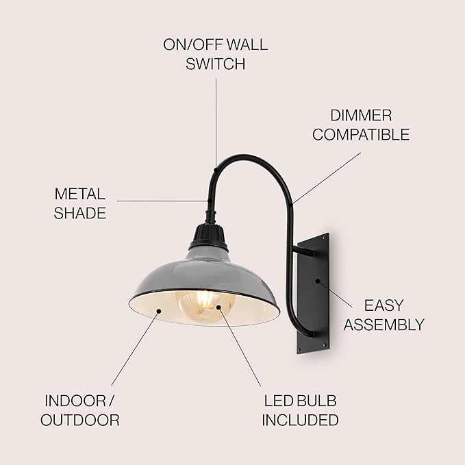 JONATHAN Y JYL7614D Stanley 12.25" 1-Light Farmhouse Industrial Indoor/Outdoor Iron LED Gooseneck Arm Outdoor Sconce Metal Bowl Shade Vintage Cottage Rustic Porch Patio Yard Barn, Gray