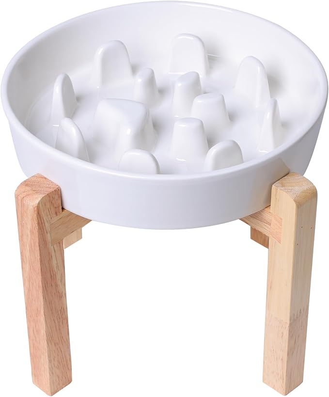 Dog Slow Feeder Bowl, Round Ceramic Pet Food Bowl for Medium Breed, Fun Raised Dog Bowls to Slow Down Eating (White, M-1.3 Cups+Stand)