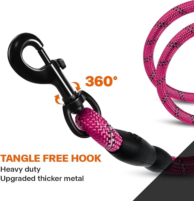 Taglory Rope Dog Leash 5 FT with Comfortable Padded Handle, Highly Reflective Threads Leash for Medium Large Dogs, 1/2 inch, Hotpink