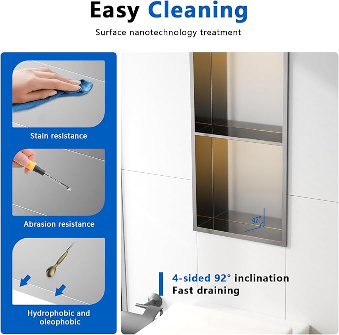 QAOYEDE 24"x12" Stainless Steel Shower Niche with LED Light, No Tile Needed Recessed Shelf, Wall Mount Bathroom Storage Organizer, Brushed Nickel
