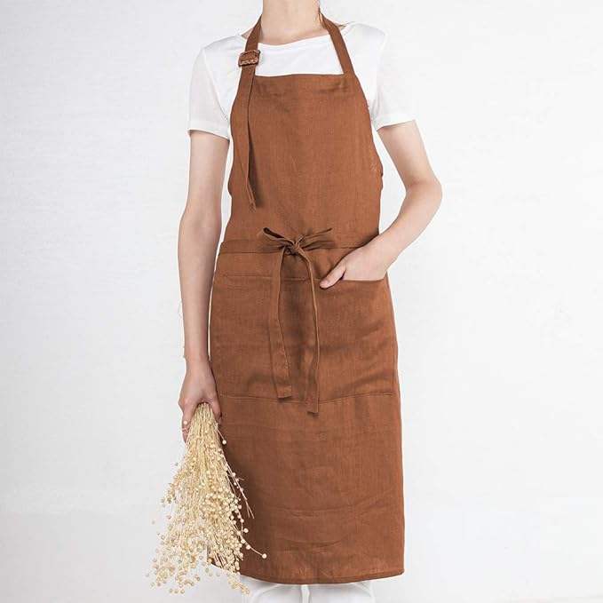 ATLINIA 100% Linen Apron with Buttons Adjustable Bib Apron with Pockets Linen Half Apron Bistro Apron