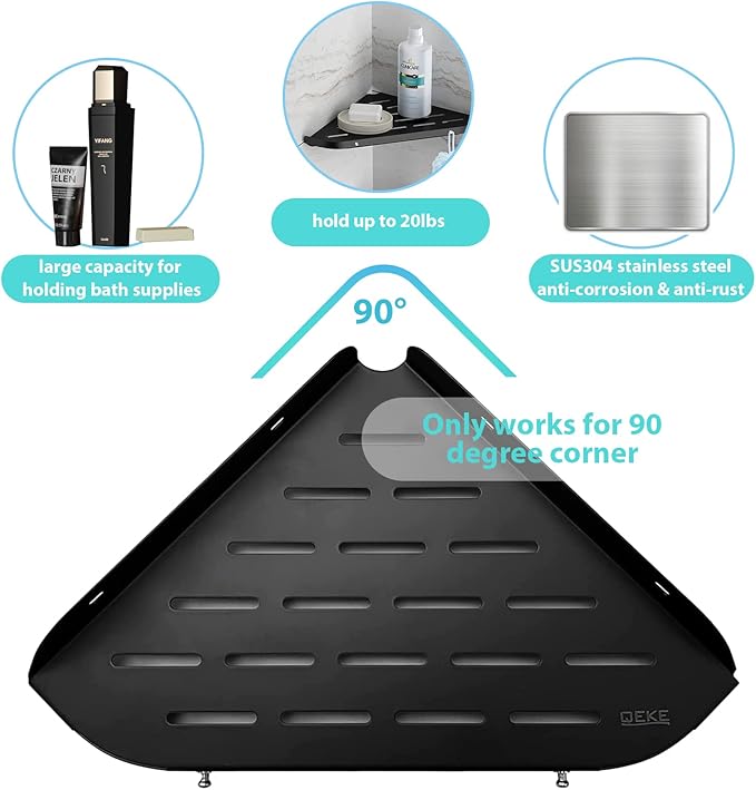 Bathroom Corner Shelf, 9" Shower Shelf Caddy, SUS304 Stainless Steel Shelf Wall Mount Corner Shelf with 2 Hooks, Matte Black